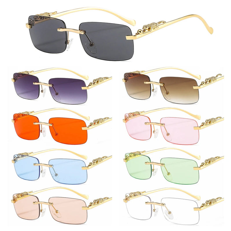 Óculos de sol retangulares sem aro, retrô, transparente, lentes oceânicas, óculos de sol, decoração de chita, óculos de sol da moda, UV400, para mulheres e homens