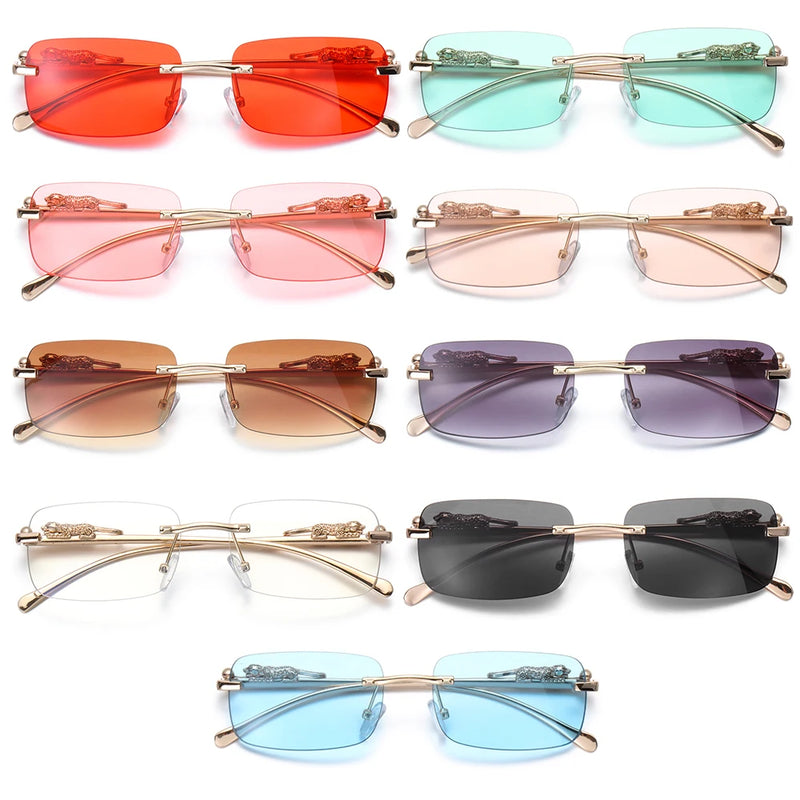 Óculos de sol retangulares sem aro, retrô, transparente, lentes oceânicas, óculos de sol, decoração de chita, óculos de sol da moda, UV400, para mulheres e homens