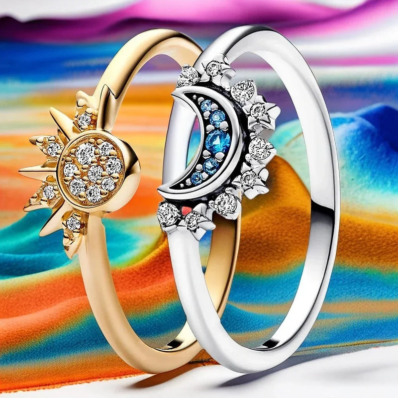 Conjunto de anéis de prata esterlina Gloden Celestial Sun Blue Moon Anéis brilhantes para mulheres Clássico Noivado Festa Casamento Jóias